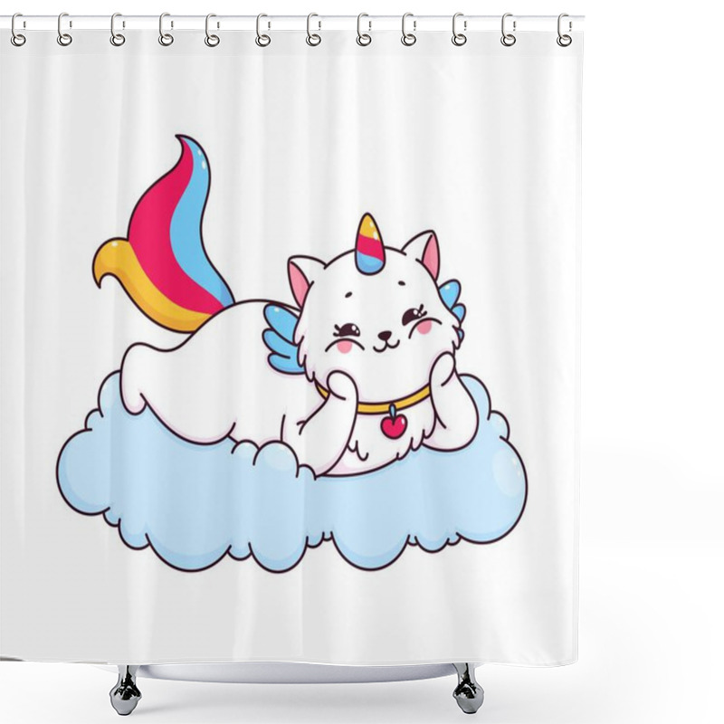 Personality  Cartoon Cute Caticorn Cat And Kitten Character. Caticorn Kitten Childish Isolated Vector Mascot. Unicorn Cat Comical Character Or Fantasy Animal Happy Personage Lying And Dreaming On Cloud Shower Curtains