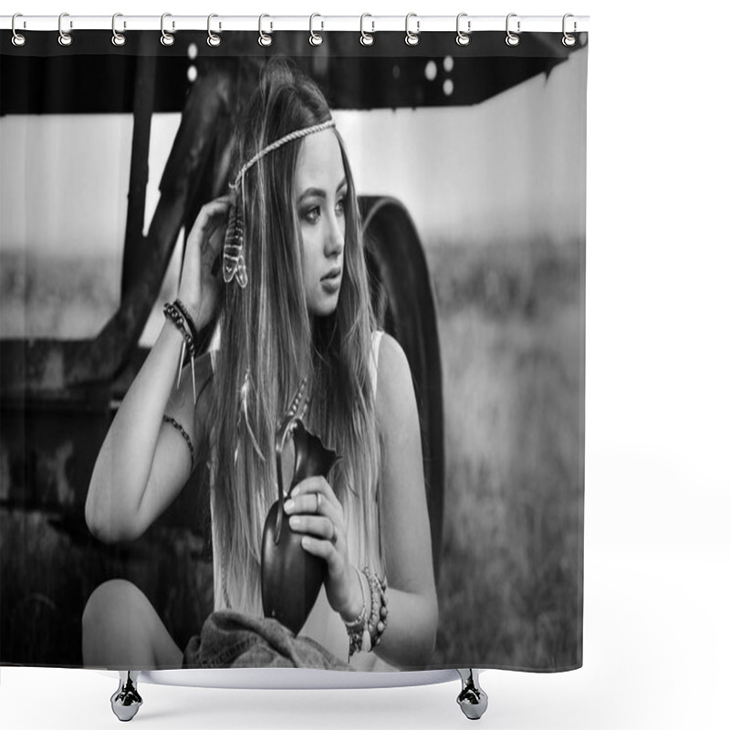 Personality  Boho Hippie Girl Near Trailer Shower Curtains