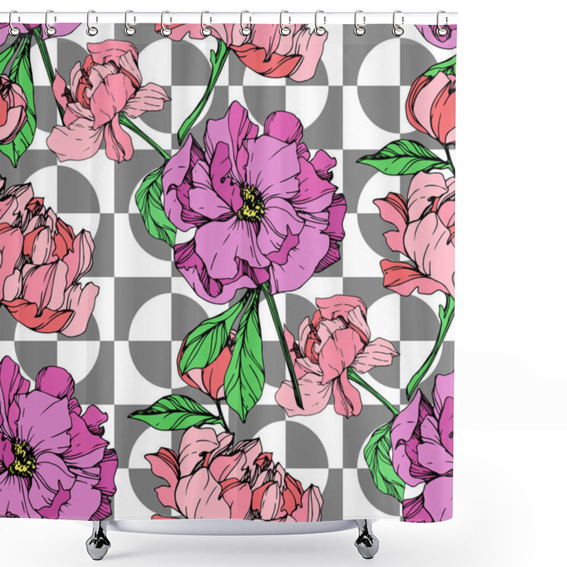 Personality  Vector Pink And Purple Peonies Illustration On Geometric Background. Engraved Ink Art. Seamless Background Pattern. Fabric Wallpaper Print Texture. Shower Curtains