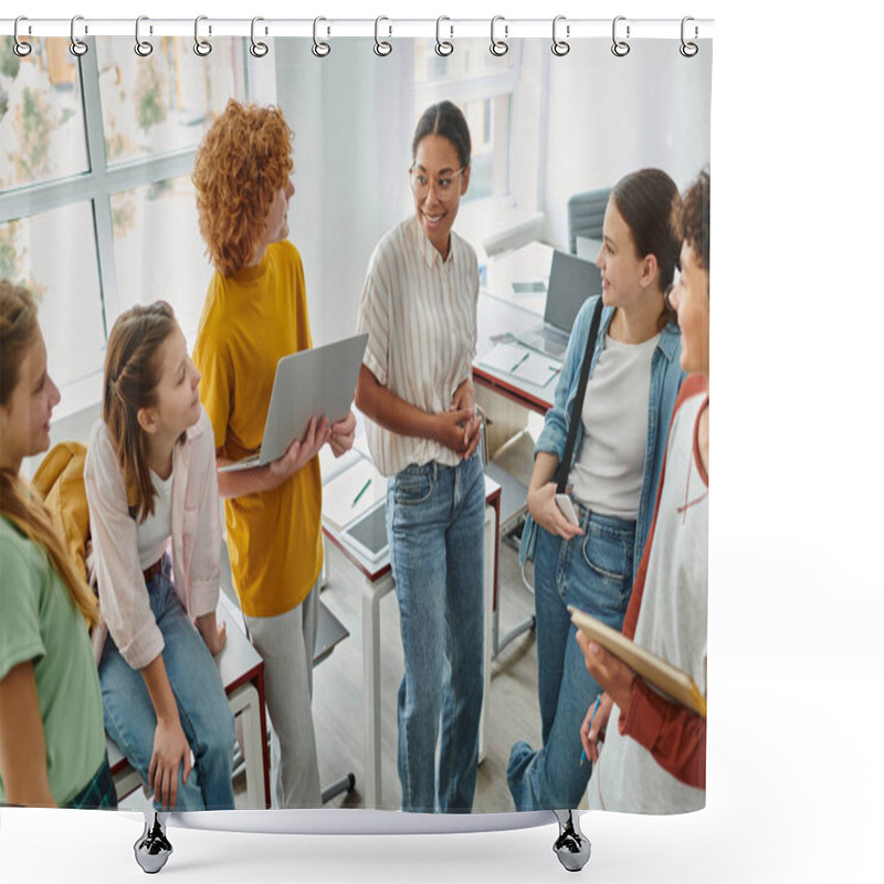 Personality  Happy African American Teacher Talking To Teen Students In Classroom, Schoolkids With Devices Shower Curtains