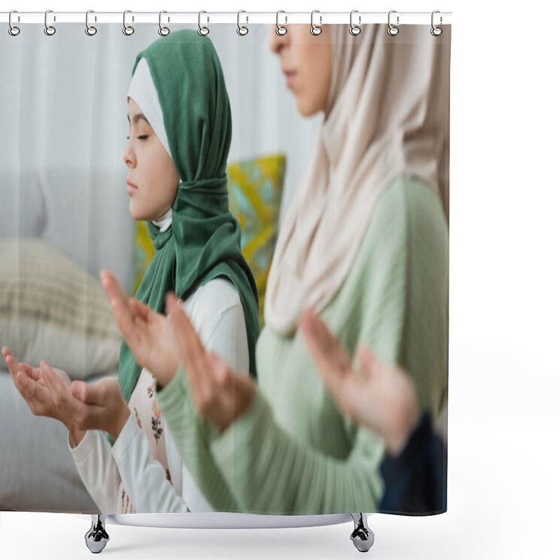 Personality  Preteen Child In Hijab Praying Near Parent At Home  Shower Curtains