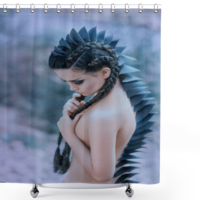 Personality  Dragon Girl Black, Sharp Thorns Cover The Back And Head Of A Young Woman. Creative Fabulous Image Of An Alien Humanoid Creature. Unusual Hairstyle With Braids. Gothic Dark Makeup. Art Retouching Shower Curtains