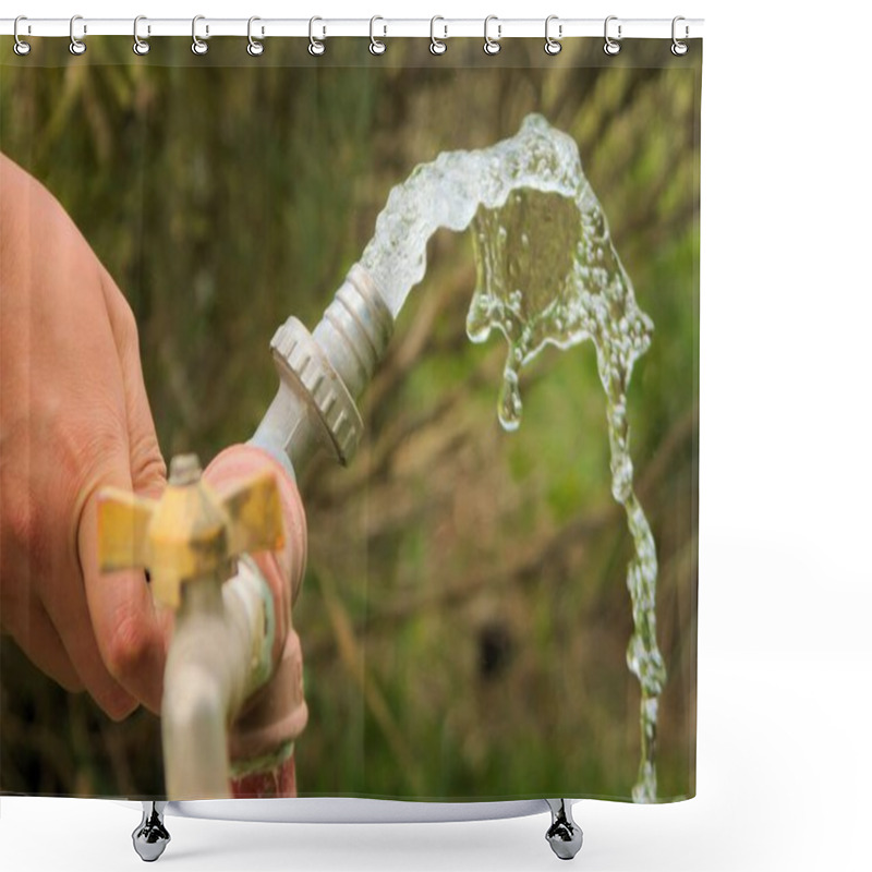 Personality  Water Flowing From An Outside Metal Faucet. A Hand Is Closing The Faucet. Shower Curtains