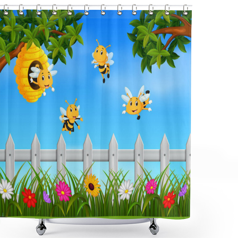 Personality  Illustration Of Bee Flying Around A Beehive In The Garden Shower Curtains