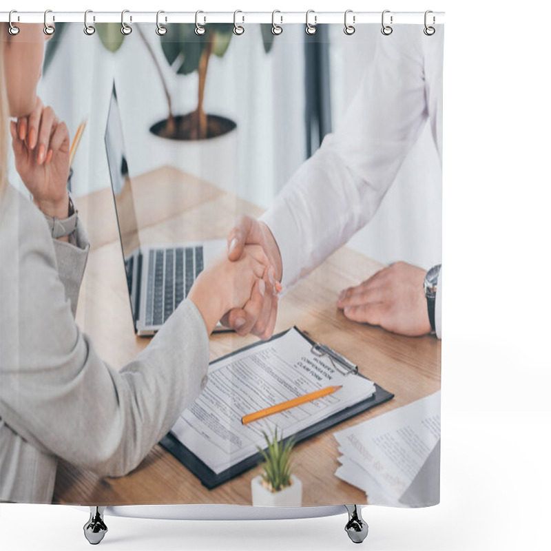 Personality  Cropped View Of Businessman Shaking Hands With Woman At Workplace, Compensation Concept Shower Curtains