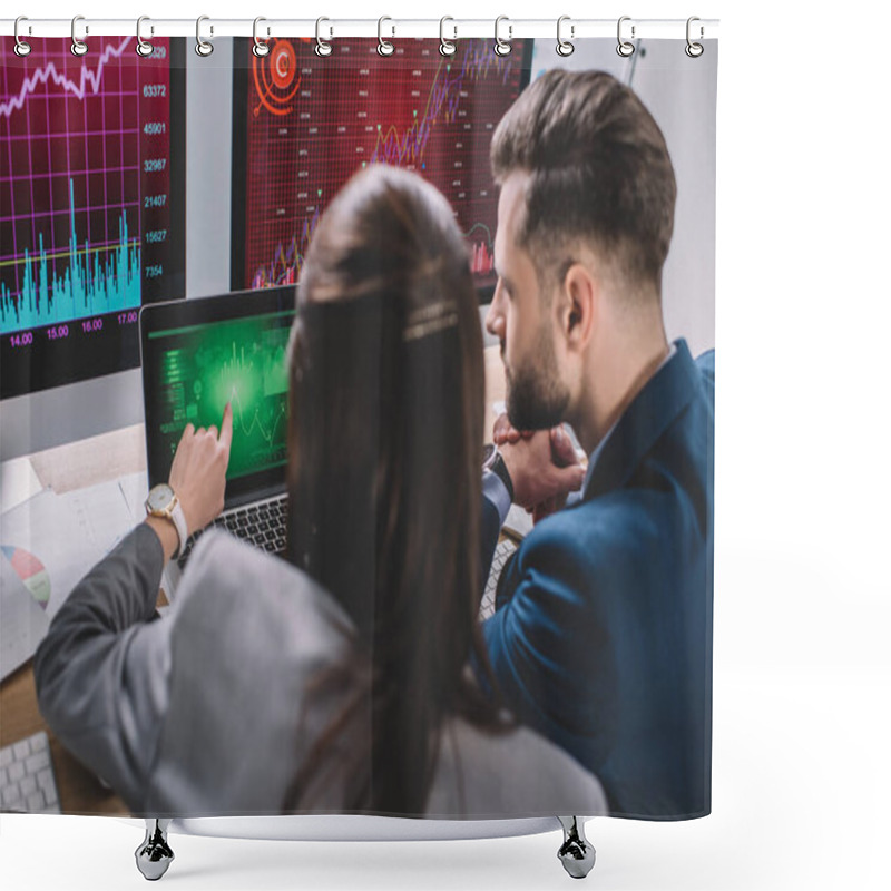 Personality  Selective Focus Of Data Analysts Working With Graphs On Computer Monitors At Table Shower Curtains