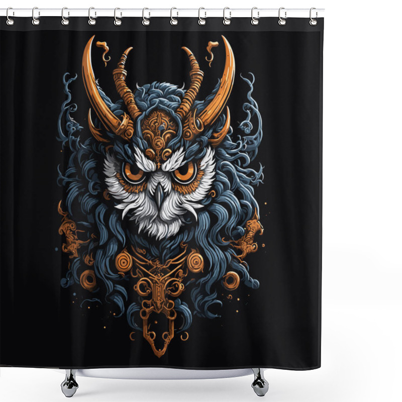 Personality  Intricate Abstract Owl With Horns In Blue And Orange Hues Vector Shower Curtains