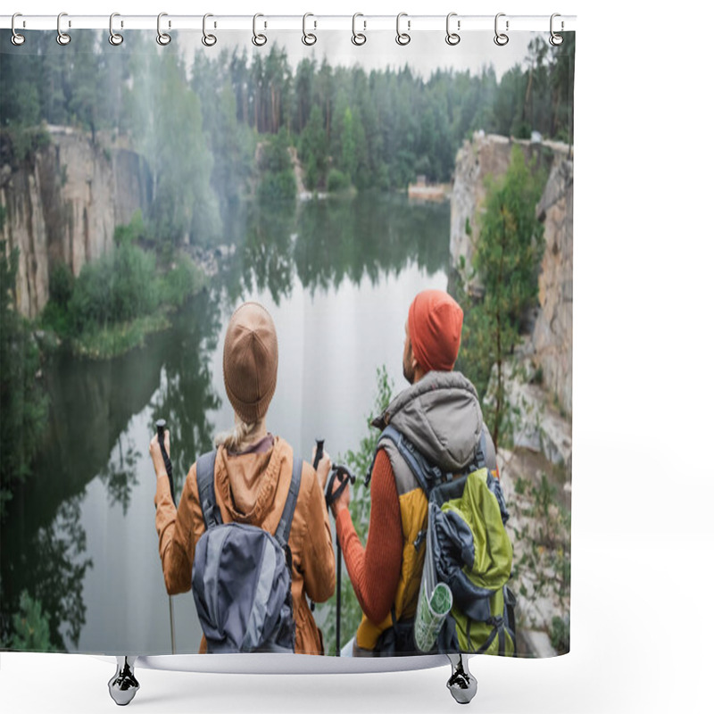 Personality  Back View Of Couple With Backpacks Near Lake In Forest  Shower Curtains