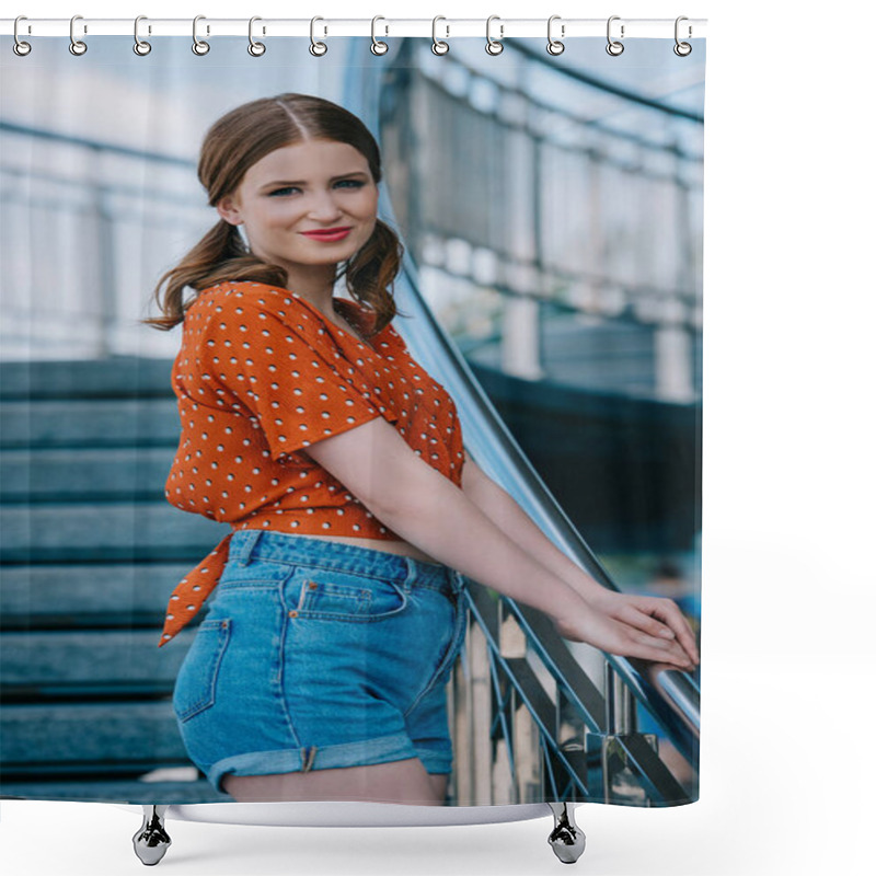 Personality  Beautiful Stylish Girl In Denim Shorts Standing On Stairs And Smiling At Camera Shower Curtains