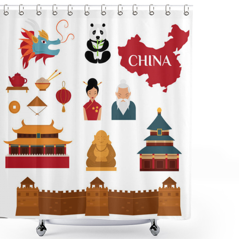 Personality  Chinese Traditional Culture Lanterns And Objects Vector Illustration. Shower Curtains