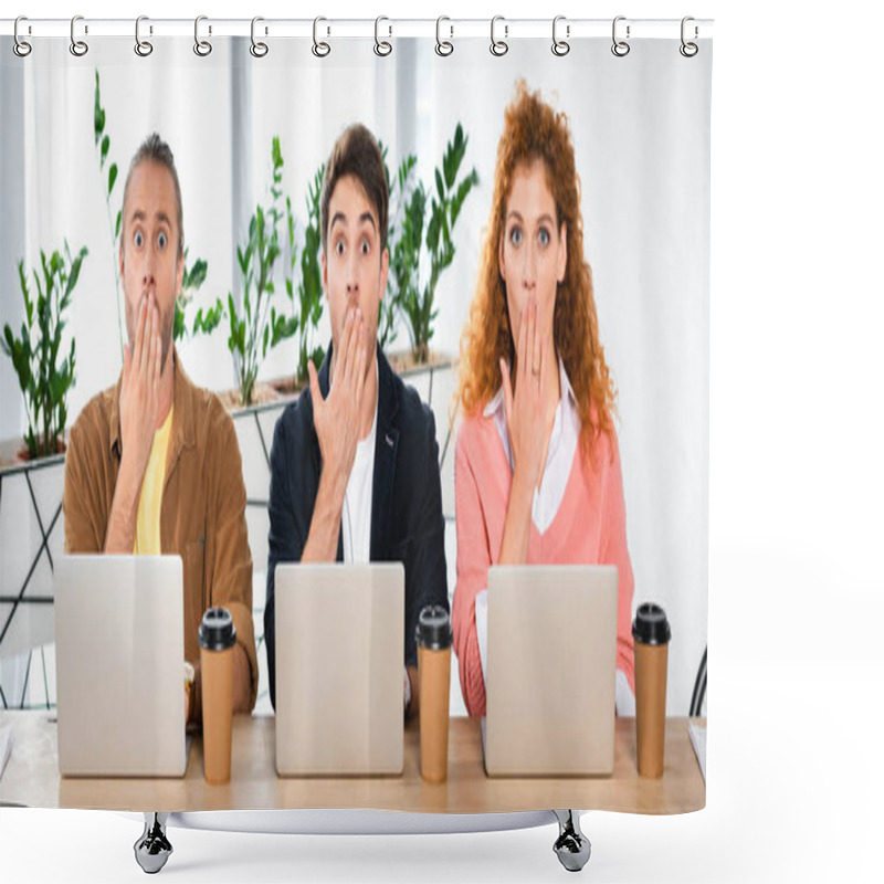 Personality  Panoramic Shot Of Three Shocked Friends Sitting At Table And Obscuring Faces  Shower Curtains