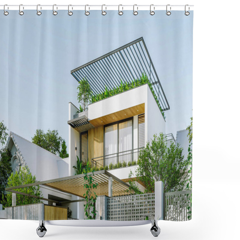 Personality  A Modern Duplex House Exterior Design With A Flat Roof And A Large Balcony With Plants On It. Shower Curtains