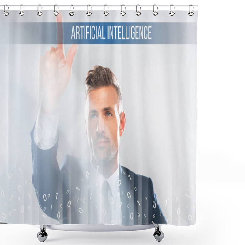 Personality  Handsome Businessman In Suit Touching Artificial Intelligence Lettering Isolated On White  Shower Curtains