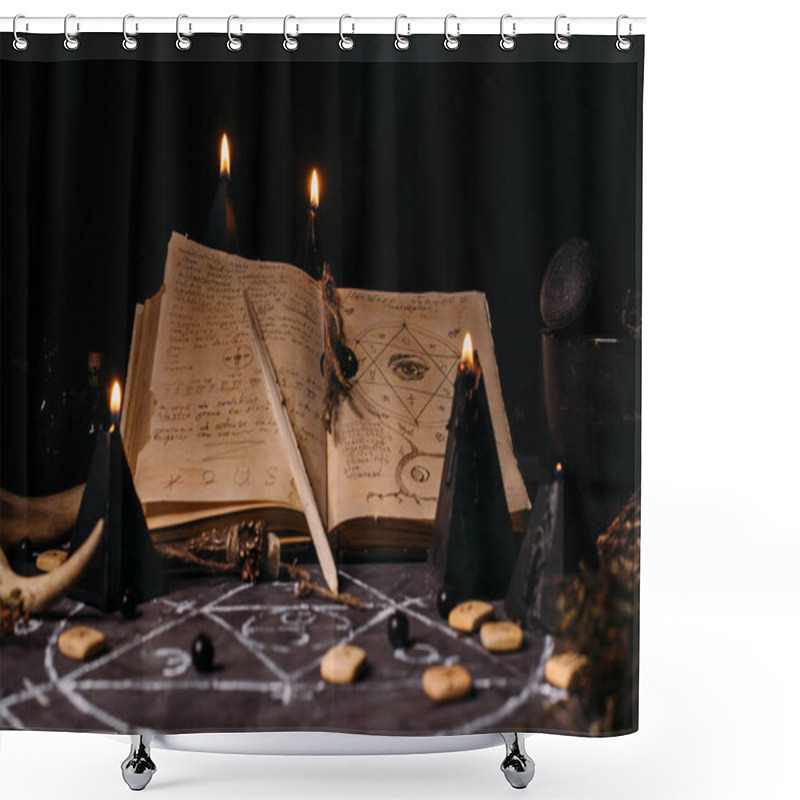 Personality  Open Old Book With Magic Spells, Runes, Black Candles On Witch Table. Occult, Esoteric, Divination And Wicca Concept. Halloween Vintage Background Shower Curtains