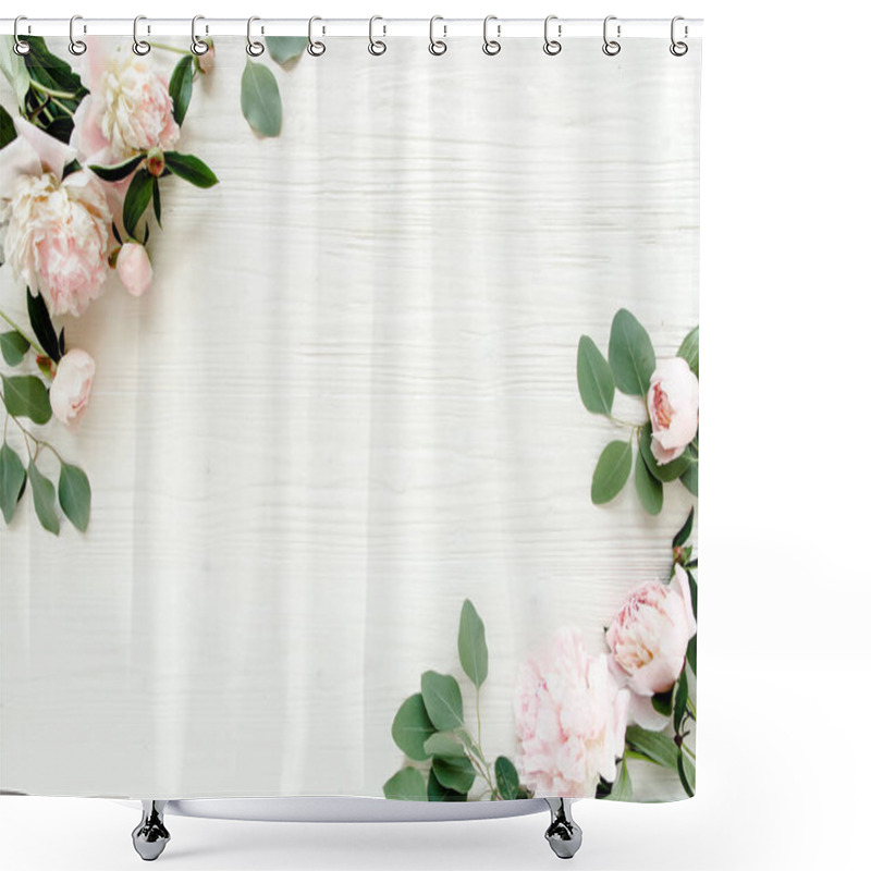 Personality  Border Frame Made Of Pink And Beige Peonies Flower And Isolated On White Background. Flat Lay, Top View. Frame Of Flowers. Shower Curtains