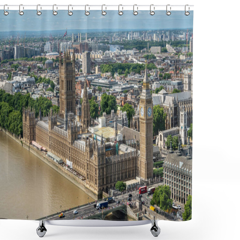 Personality  London, UK - July 4, 2022: Seen From London Eye. Scenery With Palace Of Westminster, House Of Lords, Big Ben, Church Towers, And Urban Jungle In Back Under Blue Cloudscape. Brown Thames Water Shower Curtains