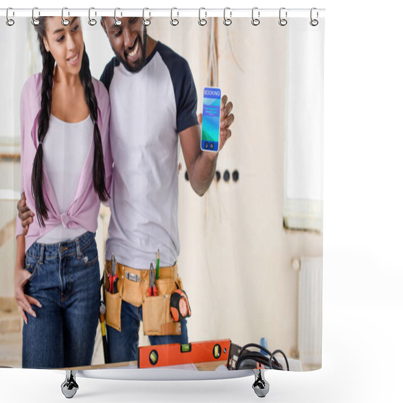 Personality  Couple Holding Smartphone With Booking App On Screen During Renovation Shower Curtains