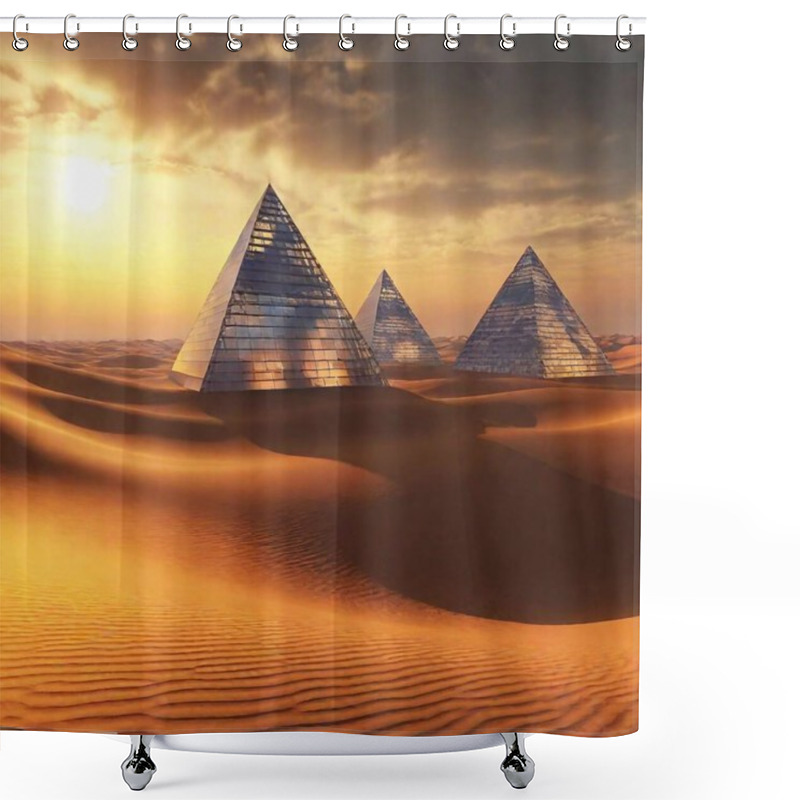 Personality  A Vast Desert With Giant, Translucent Pyramids That Hum With Energy And Light. Shower Curtains