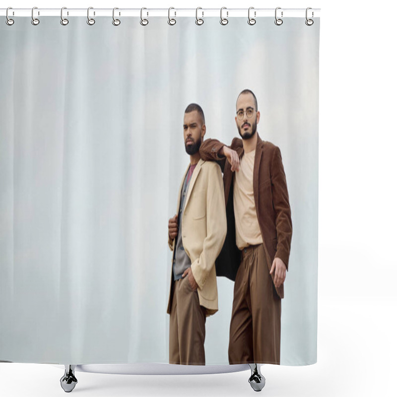 Personality  Handsome Men In Fashionable Outfits Pose Confidently Amidst An Autumn Landscape, Capturing Seasonal Elegance. Shower Curtains