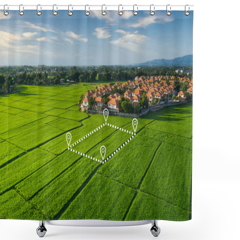 Personality  Land Plot In Aerial View. Identify Registration Symbol Of Vacant Area For Map. That Property, Real Estate For Business Of Home, House Or Residential I.e. Construction, Development, Sale, Rent And Buy. Shower Curtains