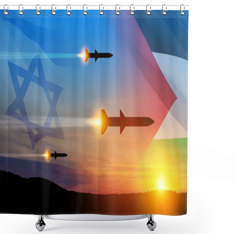 Personality  Confrontation Between Palestine And Israel. Fired Missiles Fly To The Target. Missiles At The Sky At Sunset With Palestine Flag And Israel Flag. Missile Defense, A System Of Salvo Fire. Shower Curtains