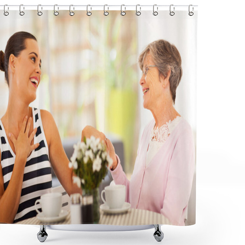 Personality  Senior Grandmother Looking At Granddaughter's New Ring Shower Curtains