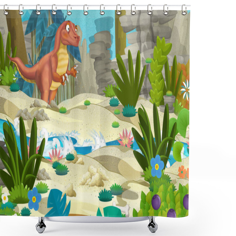 Personality  Cartoon Scene With Dinosaur In The Jungle - Illustration For Children Shower Curtains