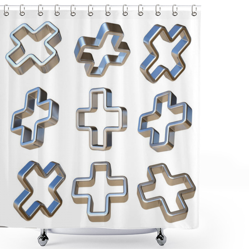 Personality  Metal Dimensional Plus Sign 3D Rendering Illustration Isolated On White Background Shower Curtains