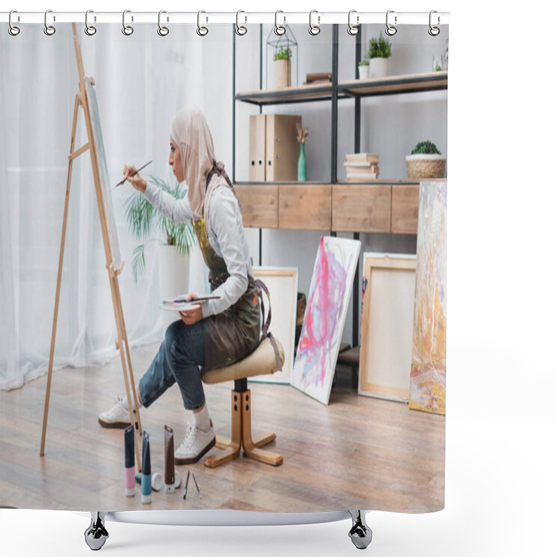 Personality  Side View Of Muslim Woman Sitting On Chair And Drawing On Easel At Home Shower Curtains