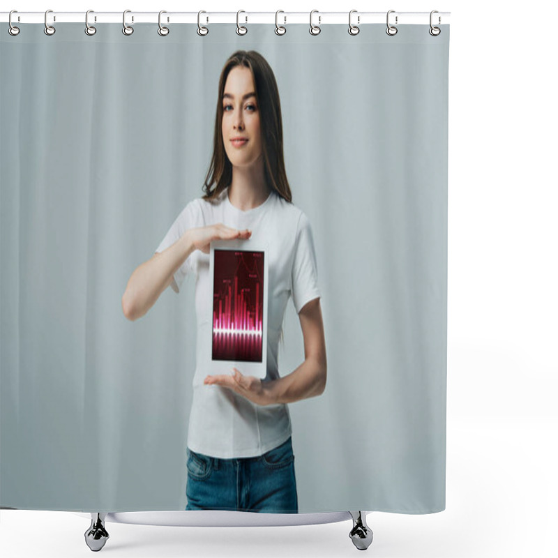 Personality  Smiling Beautiful Girl In White T-shirt Showing Digital Tablet With Trading App Isolated On Grey Shower Curtains