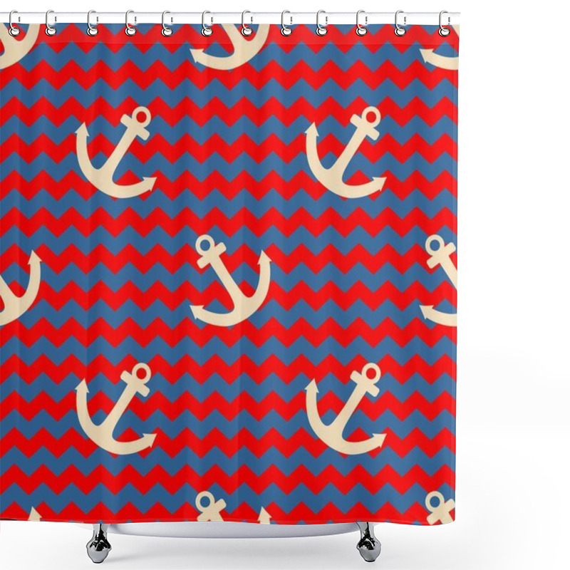 Personality  Tile Sailor Vector Pattern With Anchor On Red And Blue Zig Zag Stripes Background Shower Curtains