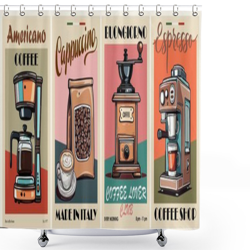 Personality  Set Of Retro Posters With Coffee Grinder, Americano, Espresso Coffee Machine. Vintage Vector Minimalist Kitchen Wall Art, Decor. Coffee Lover Club. Coffee Shop, House Sign, Banner, Background. Shower Curtains