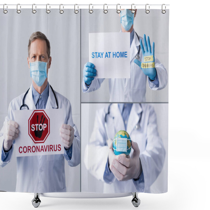 Personality  Collage Of Doctor In Medical Mask Holding Placards With Stop Coronavirus, Stay At Home Lettering And Globe On Grey Shower Curtains