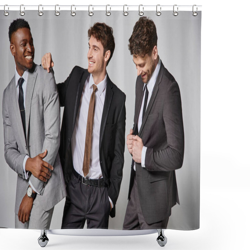 Personality  Good Looking Joyful Interracial Male Models In Smart Suits Smiling Sincerely On Gray Backdrop Shower Curtains