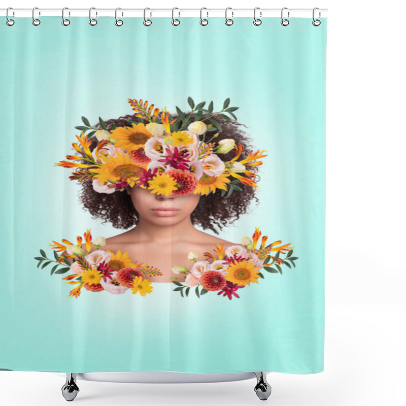 Personality  Creative Collage Banner Of Female Portrait With Fresh Summer Exotic Flowers On Teal Blue Color Background. Shower Curtains