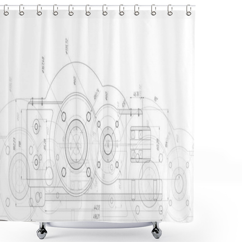 Personality  Technical Drawing Of Gears .Rotating Mechanism Of Round Parts .Machine Technology. Vector Illustration. Shower Curtains