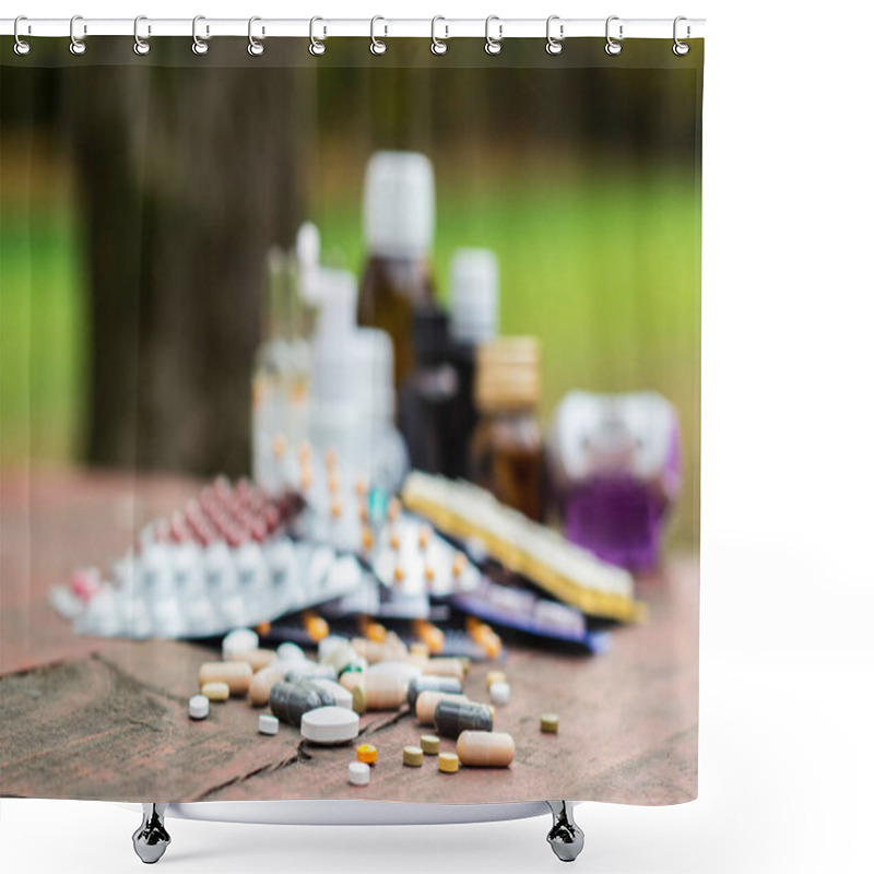 Personality  Medications And Tablets On A Wooden Texture Table Shower Curtains