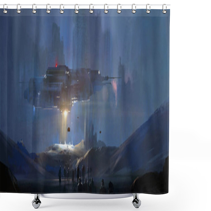 Personality  Earthlings Preparing To Board A Spaceship To Escape, 3D Illustration Shower Curtains