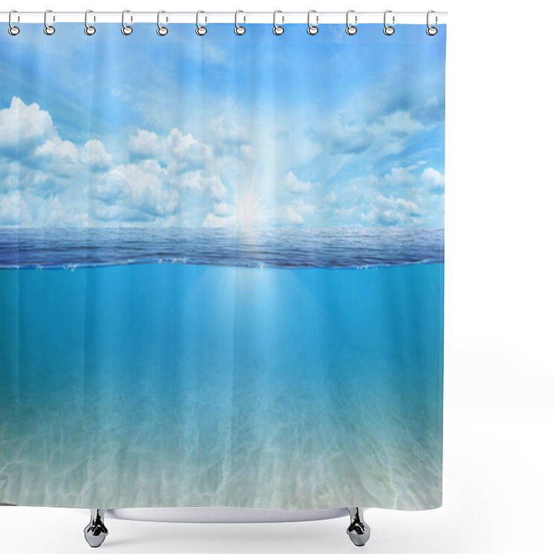 Personality  BLUE UNDER WATER Waves And Bubbles. Beautiful White Clouds On Blue Sky Over Calm Sea With Sunlight Reflection, Tranquil Sea Harmony Of Calm Water Surface. Sunny Sky And Calm Blue Ocean.  Shower Curtains