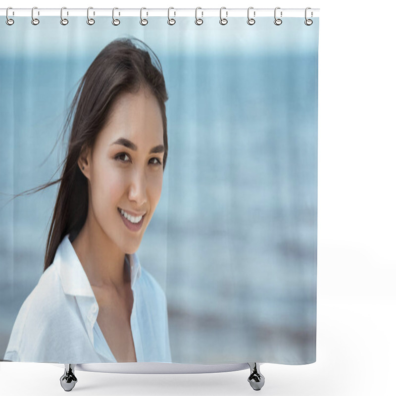 Personality  Close Up Portrait Of Attractive Smiling Asian Woman By Sea  Shower Curtains