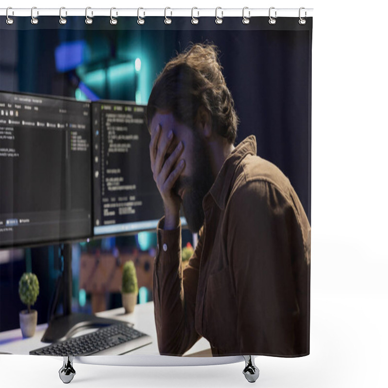 Personality  Troubled Man Facepalming Himself While Doing Software Quality Assurance, Finding Major Errors In Source Code. Depressed Developer Upset After Inspecting Coding On Desktop PC And Seeing Many Issues Shower Curtains