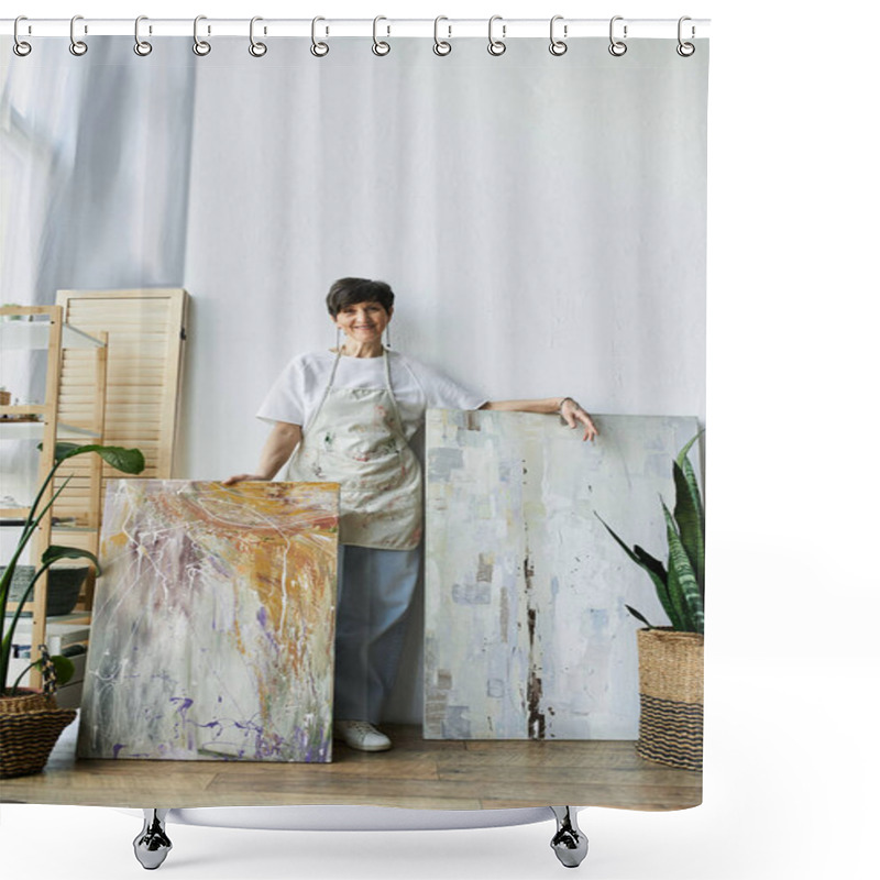 Personality  A Joyful Painter Displays Her Vibrant Artwork In The Creative Space. Shower Curtains