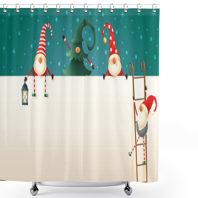 Personality  Happy Scandinavian Christmas Gnomes Climb Up The Billboard Using Ladders Shower Curtains