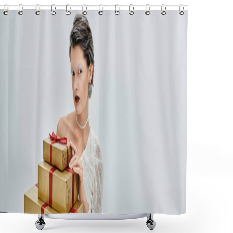 Personality  A Stylish Woman Stands Gracefully With Festive Gifts In A Cozy Winter Setting. Shower Curtains