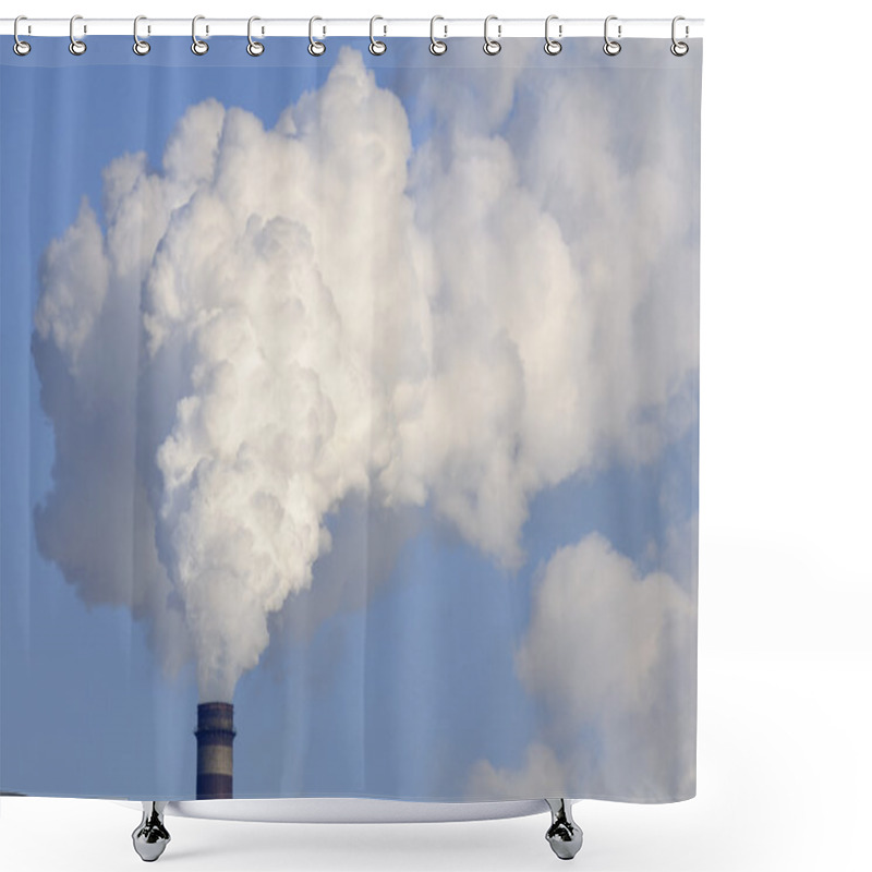 Personality  Industrial Smokestack With Heavy Smoke On Blue Sky Background Shower Curtains