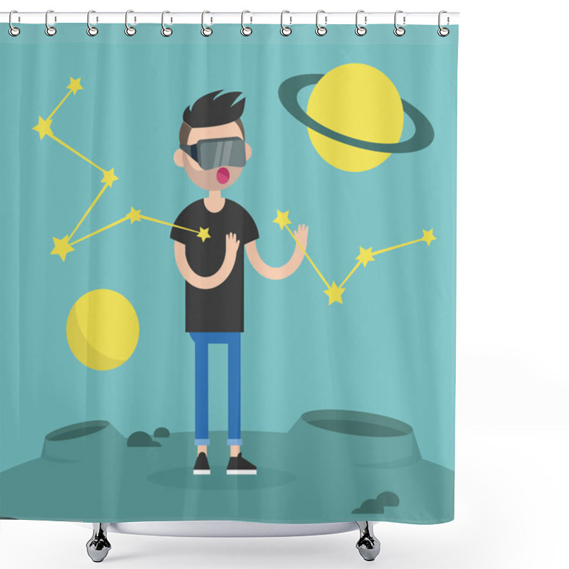 Personality  Young Man Wearing Virtual Reality Glasses Surrounded By Planets  Shower Curtains