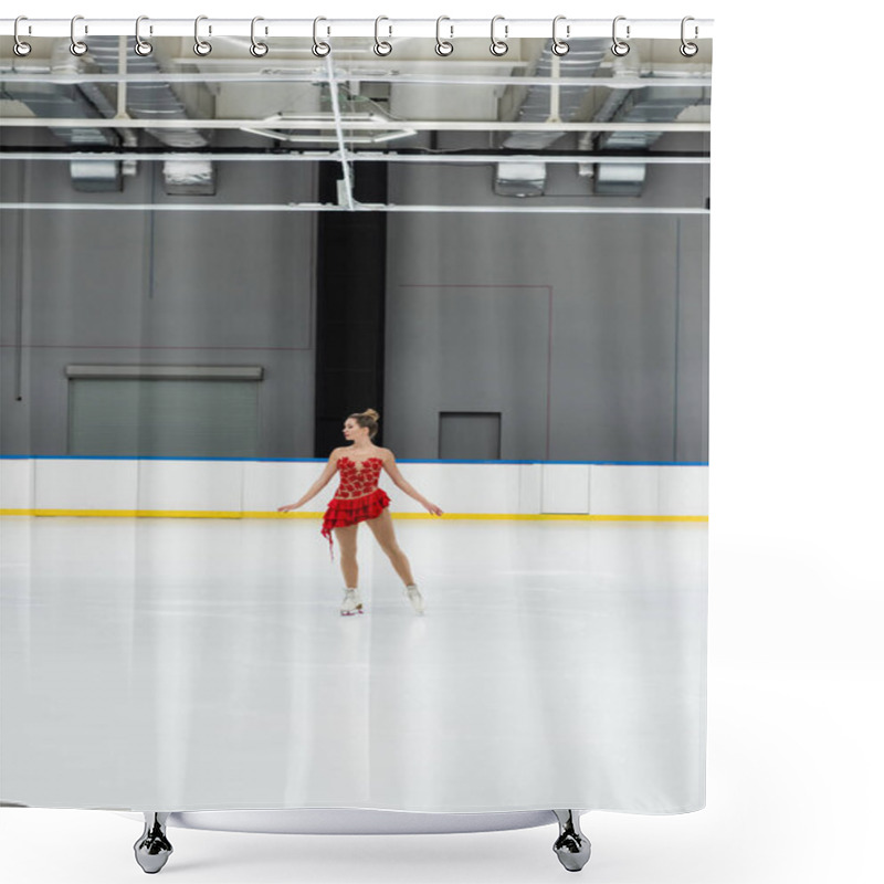 Personality  Full Length Of Young Figure Skater In Dress Performing Dance In Professional Ice Arena Shower Curtains