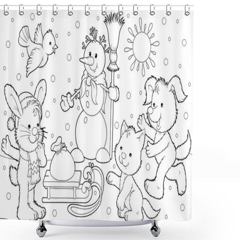 Personality  Winter Snowman And Animals By A Sled. Shower Curtains