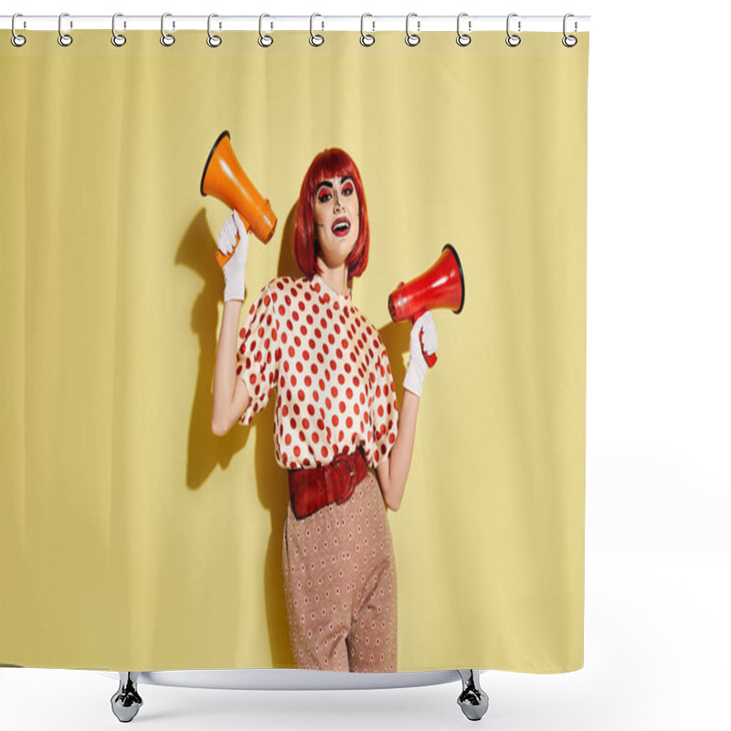 Personality  A Redhead Woman With Pop Art Makeup Holds Two Vibrant Megaphones Against A Yellow Background. Shower Curtains