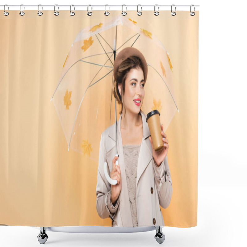 Personality  Trendy Woman In Beret And Trench Coat Holding Coffee To Go Under Umbrella With Autumn Leaves On Peach Shower Curtains